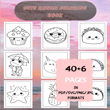 Cute Kawaii Coloring Book | Printable Art Book ( 46 Pages, PDF SVG JPG PNG FORMATS)