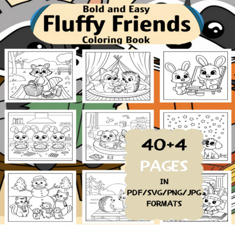 Fun Fluffy Friends Coloring Book | Printable Art Book ( 44 Pages, PDF SVG JPG PNG FORMATS)