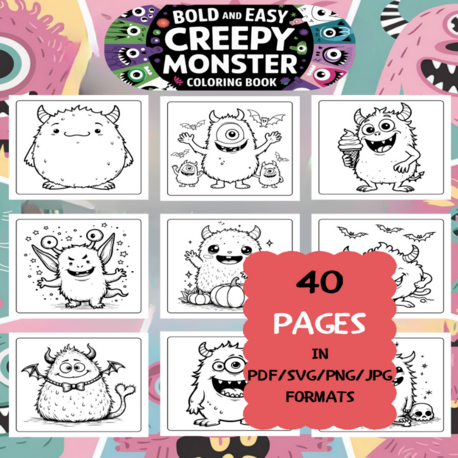 Creepy Monster Coloring Book | Printable Art Book ( 50 Pages, PDF SVG JPG PNG FORMATS)