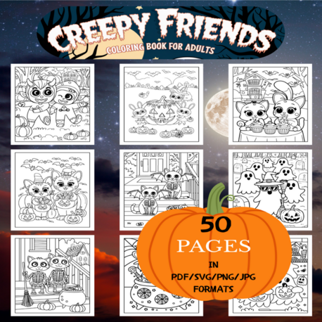 Creepy Friends Coloring Book | Printable Art Book ( 50 Pages, PDF SVG JPG PNG FORMATS)