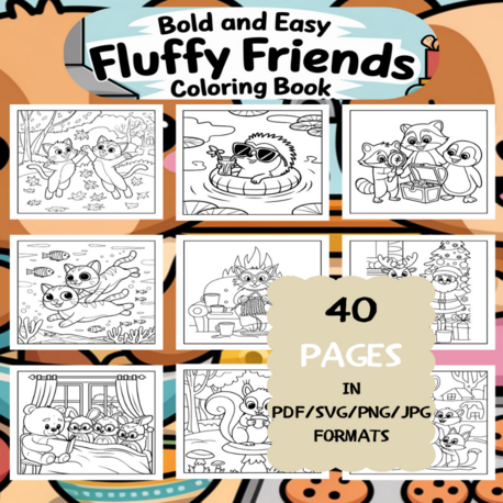 Fun Fluffy Friends Coloring Book | Printable Art Book ( 40 Pages, PDF SVG JPG PNG FORMATS)