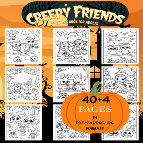 Creepy Friends Coloring Book | Printable Art Book ( 44 Pages, PDF SVG JPG PNG FORMATS)