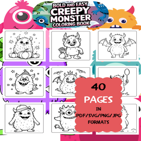 Creepy Monster Coloring Book | Printable Art Book ( 50 Pages, PDF SVG JPG PNG FORMATS)
