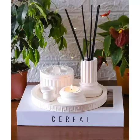 Antik Desenli Tepsi, Dekoratif  Vazo, Tealight Mumluk, Tütsü Tutucu, Kapaklı Vazo 5'li Set