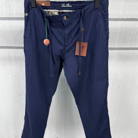 Loro Piana Erkek Regular Fit Lacivert Ham Keten Pantolon