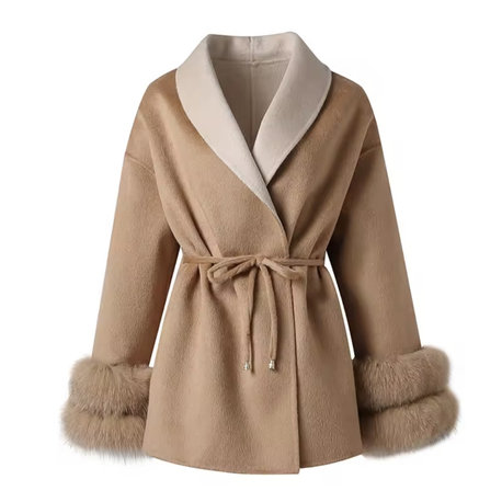 Luxury Belted Fur-Trim Coat