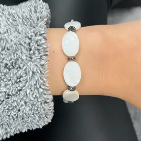 Sedef & Hematit Doğal Taş Oval Bileklik 