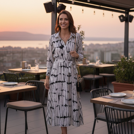 Mango Siyah Beyaz Düğme Yakalı Beli Lastikli Kuşaklı Elbise
