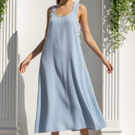 Massimo Dutti Bebek Mavisi %100 Keten Sırt Detaylı Elbise