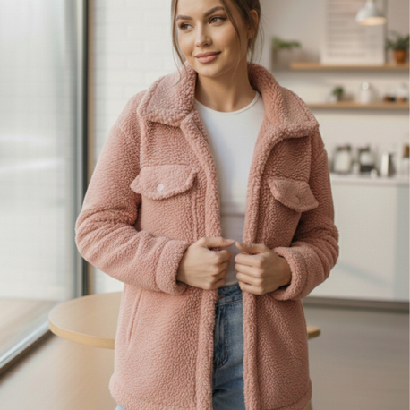 Gül Kurusu Cepli Fermuarlı Teddy Polar Ceket