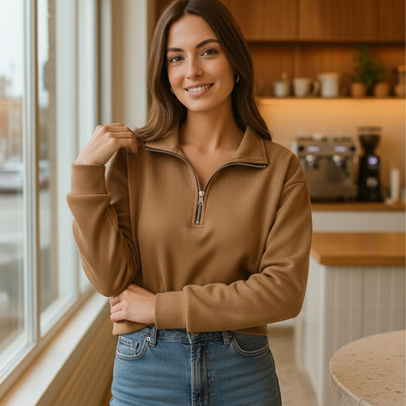Massimo Dutti Kahverengi Süet Kumaş Yarım Fermuar Uzun Kollu Üst