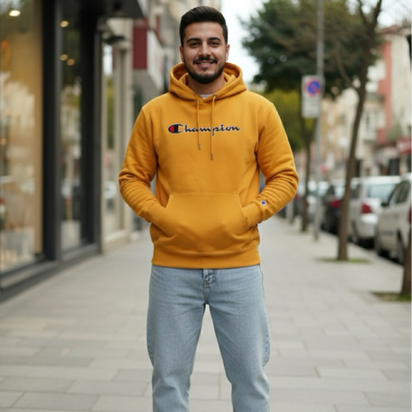Champion Hardal Şapkalı Cepli Sweatshirt