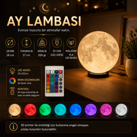 Ay Lambası – 16 Renk Kumandalı Dekoratif Gece Lambası (18 cm)