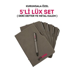 Kurumsal Firmalara Özel Baskılı Özelleştirilebilir, 5'li Deri Defter ve Metal Kalem Seti