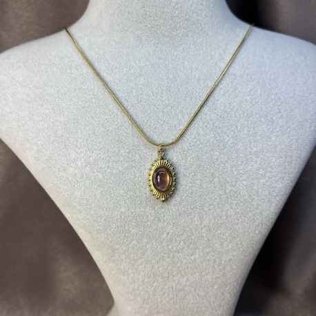 Amber Taşlı Işıltılı Madalyon Kolye