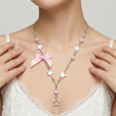 Coquette pembe saten fiyonklu ve yıldız detaylı kolye