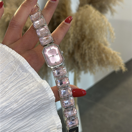 Saat Kadran Pembe Renk Pembe Cam Taşlı Kordon Çelik