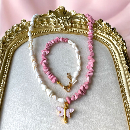 Pembe Kuvars Doğaltaş Kolye Takım