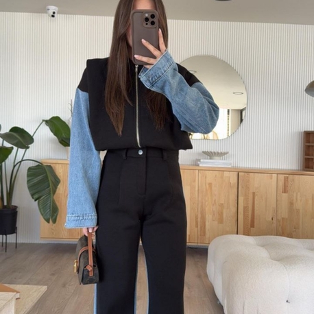 Denim Detaylı Siyah Takım 