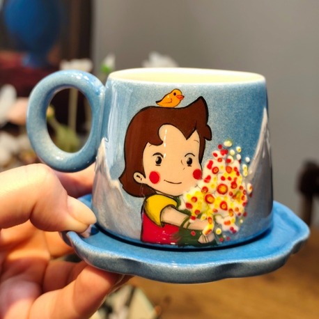 Heidi El Çizimi Türk Kahvesi Fincanı ve Tabağı