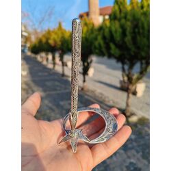 Gümüş Kalem Telkari Ay yıldız kalemlik masaüstü kalem ve altlık 925 ayar el yapımı 