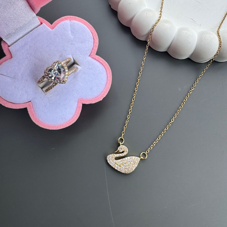 GOLD KUĞU KOLYE YÜZÜK SETİ ÇELİK 