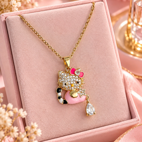 GOLD DAMLA TAŞLI HELLO KİTTY KOLYE ÇELİK