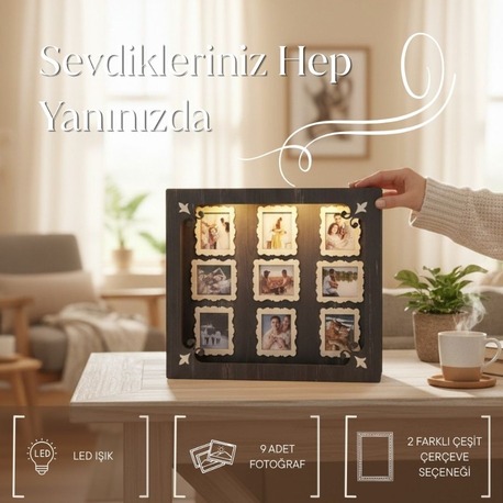 Işıklı Ahşap Fotoğraf Albümü 35x30 cm | 9 Fotoğraflı LED Anı Çerçevesi - REBAP