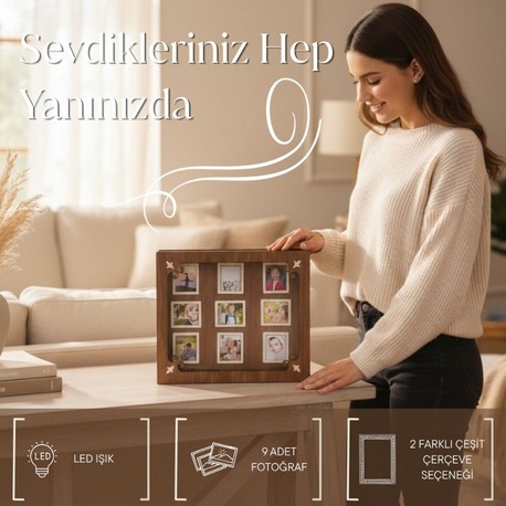 Işıklı Ahşap Fotoğraf Albümü 35x30 cm | 9 Fotoğraflı LED Anı Çerçevesi - CEVİZ