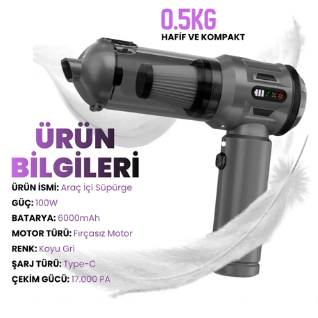 ARAÇ SÜPÜRGESİ 17.000 Pa Gücünde ÇANTALI