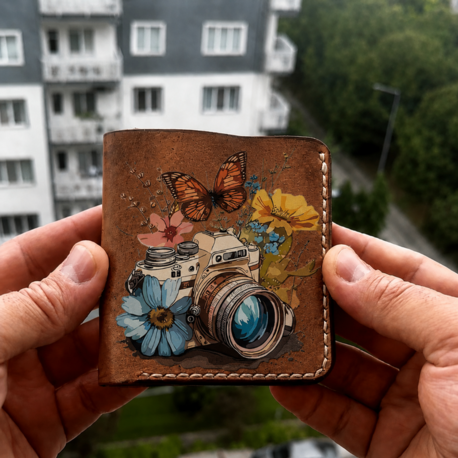 Helsinki Fotoğraf Makinesi Çiçek Desenli El Yapımı Deri Cüzdan 