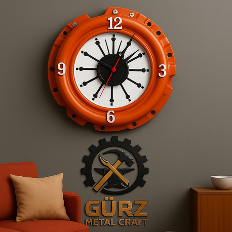 Turuncu Baskı Balatasından El Yapımı Duvar Saati | Gürz Metal Craft