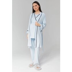 Mavi Biyeli Sabahlıklı Lohusa Pijama Takımı