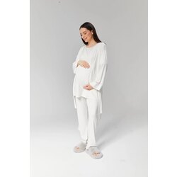 Ekru Şerit Dantelli Sabahlıklı Lohusa Pijama Takımı