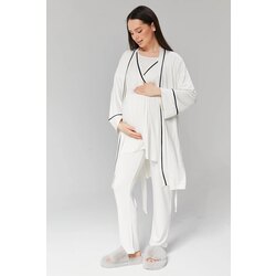 Ekru Biyeli Sabahlıklı Lohusa Pijama Takımı