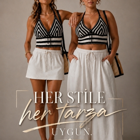 Siyah Beyaz El Örgüsü Büstiyer – Bohem Çizgili Halter Yaka Yazlık Crop Top