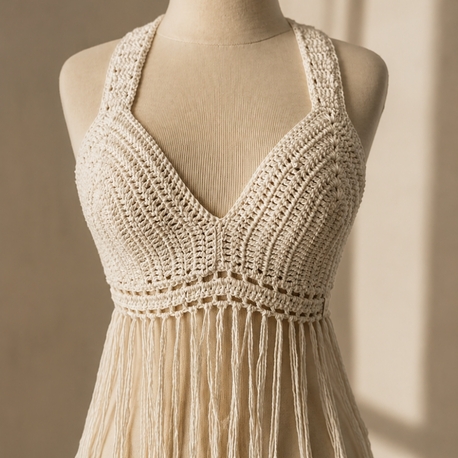 El Örgüsü Püsküllü Halter Yaka Büstiyer | Ekru Bohem Yazlık Crop