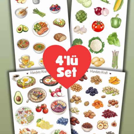 4'lü Sağlıklı Yemekler Sticker Seti, Planner Etiket, Çıkartma, Çoklu Sticker, Journal Sticker