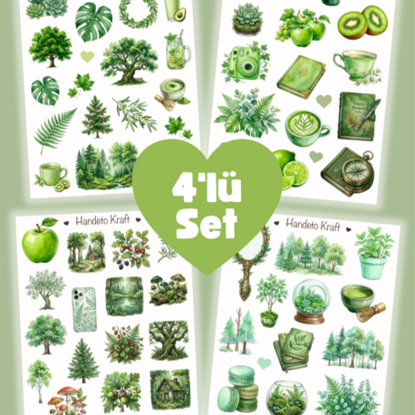 4'lü Green Aesthetic Sticker Seti, Planner Etiket, Çıkartma, Çoklu Sticker, Journal Sticker