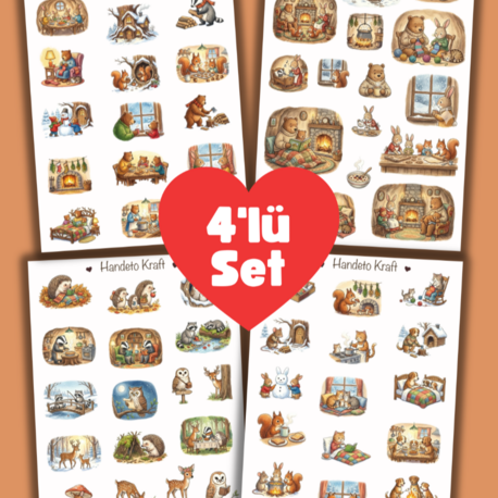 4'lü Cozy Animal Sticker Seti, Planner Etiket, Çıkartma, Çoklu Sticker, Journal Sticker