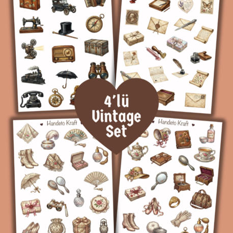 4'lü Vintage Sticker Seti, Planner Etiket, Çıkartma, Ajanda Sticker, Journal Sticker