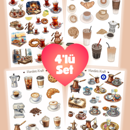 4'lü Çay ve Kahve Sticker Seti, Türk Kahvesi Sticker, Journal Sticker