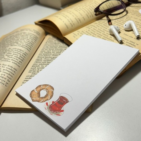 Simit ve çay temalı notepad /Çek kopar not defteri, A6 boyutu, 40 sf., Tutkallı bloknot