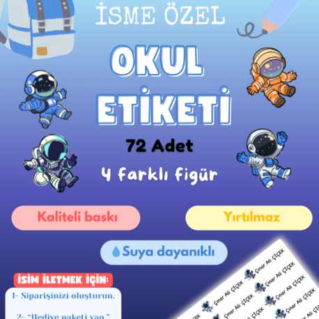 72 Adet Astronot Temalı Kişiye Özel Okul Etiketi İsim Yazılabilen Etiket Kalem Defter Etiket