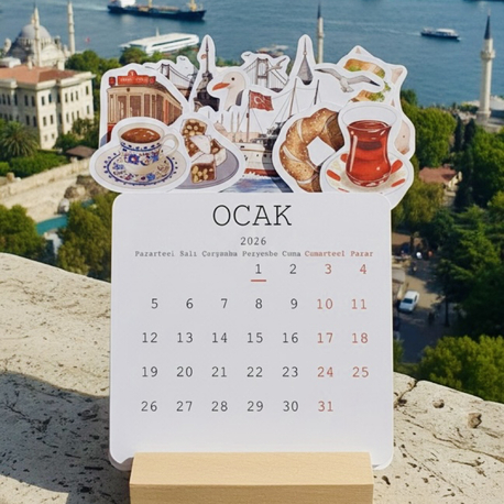 İstanbul Temalı Ahşap Ayaklı Özel Tasarım Takvim 2026 Takvim Masa Takvimi Yılbaşı