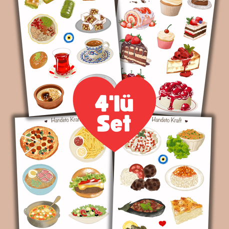 Yemek ve tatlı Çoklu Sticker Seti, 4lü sticker, 8x12 cm, çıkartma, kolaj, etiket
