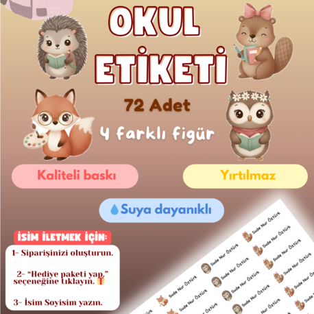 72 Adet Sevimli Hayvan Temalı Kişiye Özel Okul Etiketi İsim Yazılabilen Etiket Kalem Defter