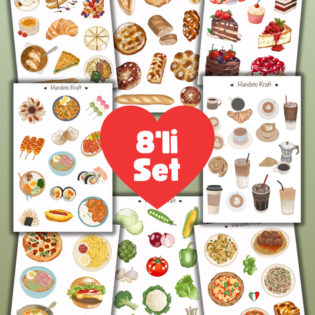 8li Dünya Yemekleri Sticker Seti, Planner Etiket, Çıkartma, Çoklu Sticker, Journal Sticker