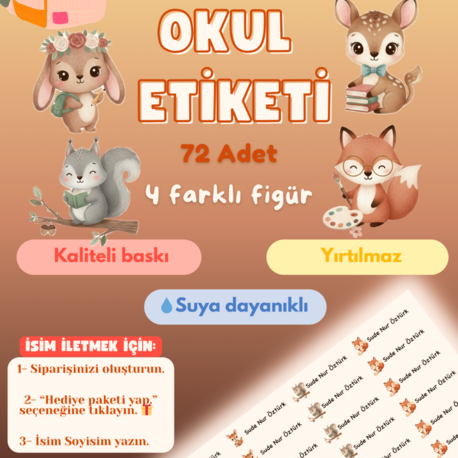 72 Adet Tatlı Hayvan Temalı Kişiye Özel Okul Etiketi İsim Yazılabilen Etiket Kalem Defter
