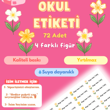 72 Adet Sarı Çiçek Temalı Kişiye Özel Okul Etiketi İsim Yazılabilen Etiket Kalem Defter